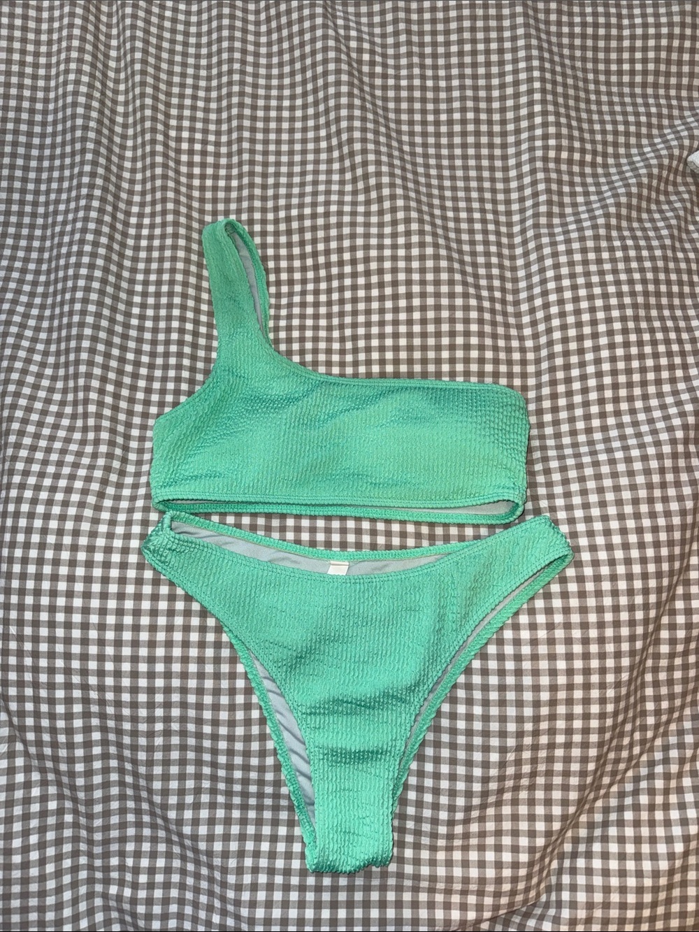 One-Shoulder Textured Bikini Set in Mint Green